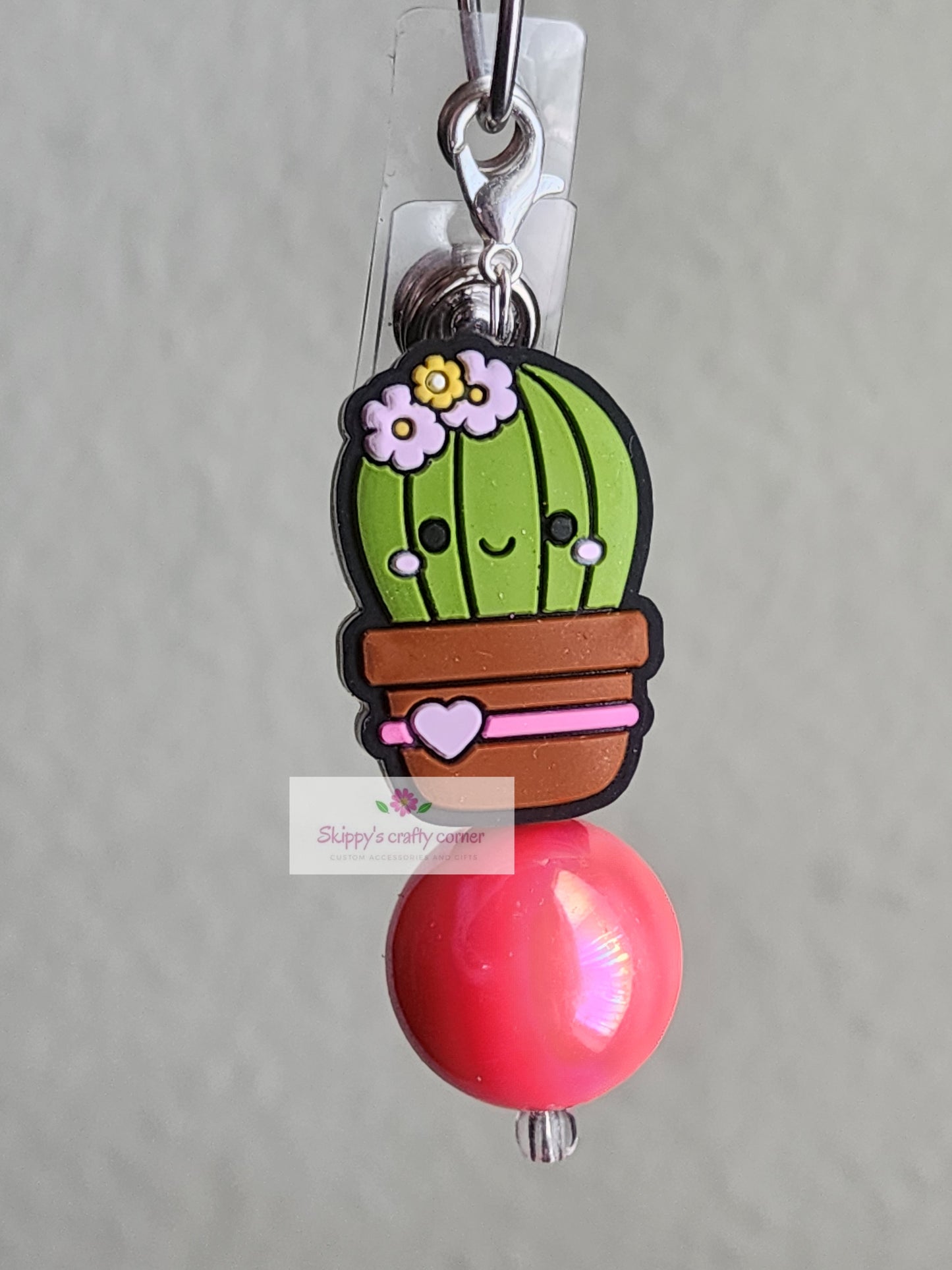 Cactus with pink bead charm| Cactus charm| badge reel charm| beads| 20mm bubblegum beads| nurse gift| Teacher gifts