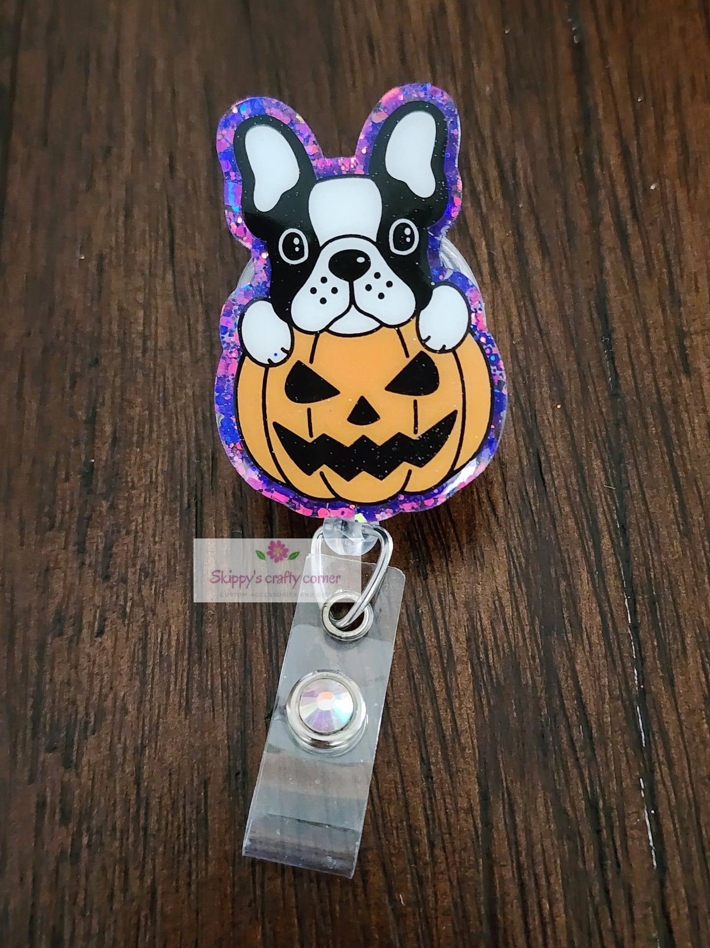 Halloween black and white French bulldog badge reel| Holiday badge reel| Halloween badge reel| badge reel| Teacher id holder| badge