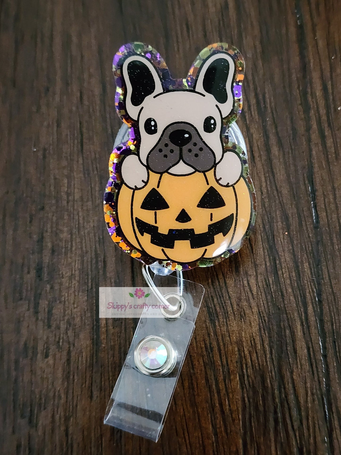 Halloween Tan French bulldog badge reel| Holiday badge reel| Halloween badge reel| badge reel| Teacher id holder| glitter badge