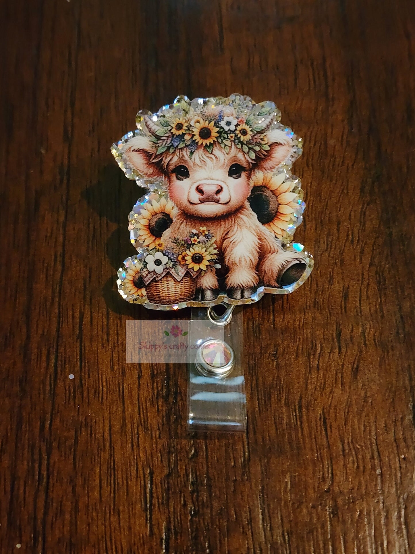 Sunflower Highland Cow dog badge reel| cow badge reel| animal badge reel| highland cow badge| vetanerian badge reel| vet tech badge reel