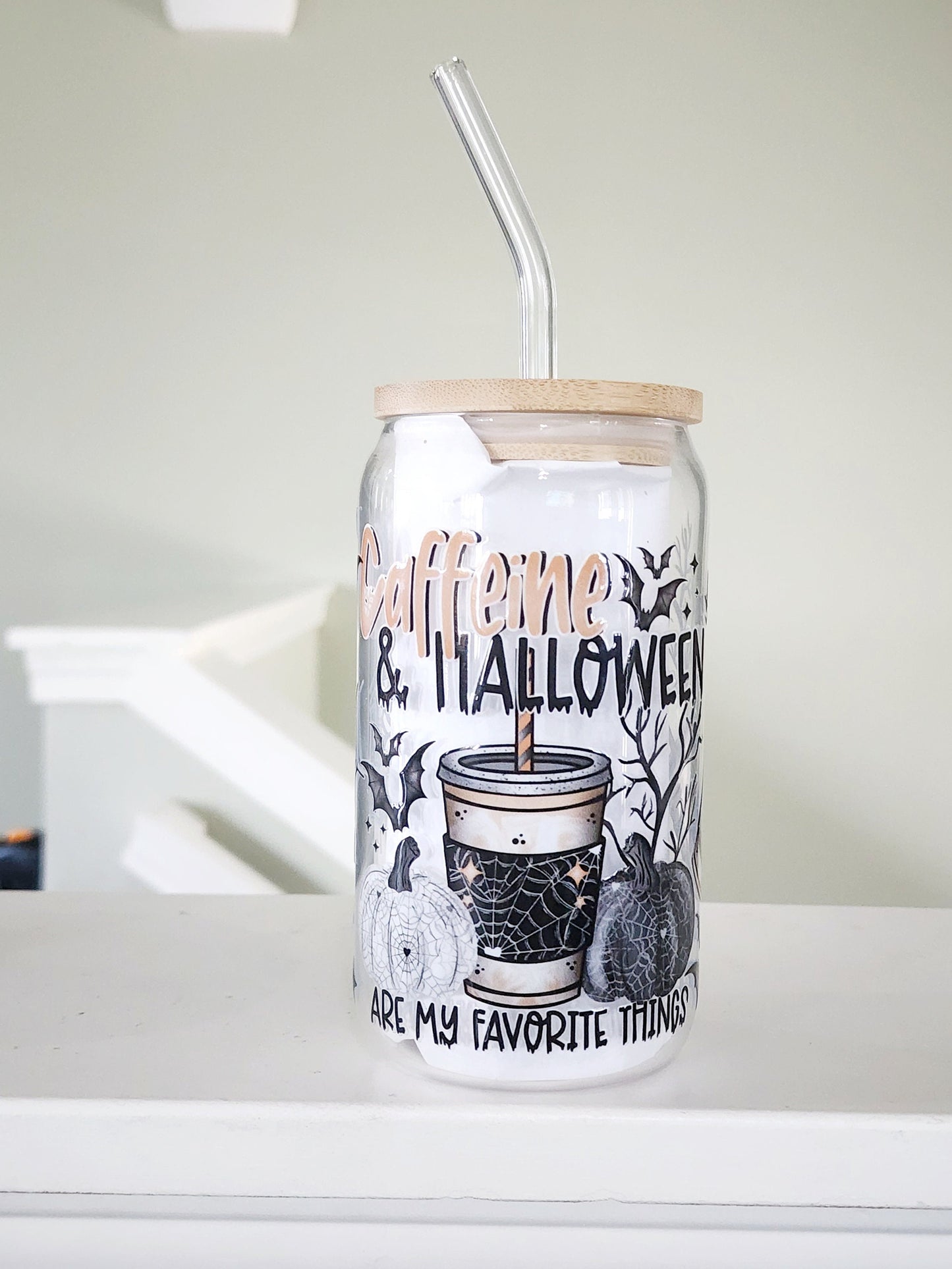 16oz caffeine and halloween glass can cup| Coffee cup| Teacher cup| Back to school| glass can cup| spooky basket gift| halloween cup| cup