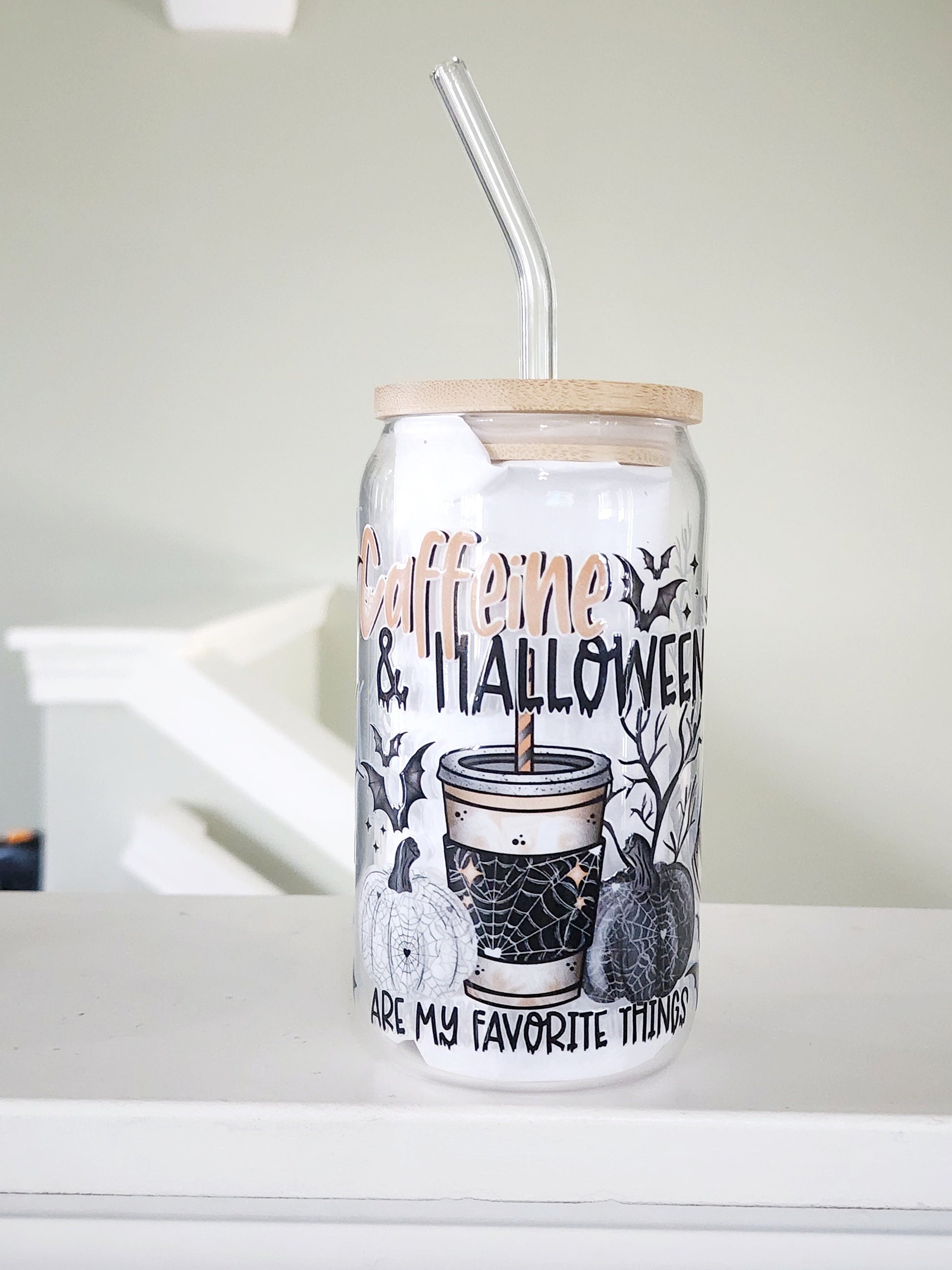 16oz caffeine and halloween glass can cup| Coffee cup| Teacher cup| Back to school| glass can cup| spooky basket gift| halloween cup| cup