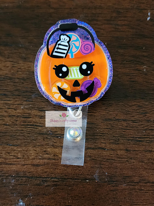 Halloween pumpkin bucket shaker badge reel| shaker badge reel| badge holder| badge clip| id holder| nurse badge reel| Teacher id holder