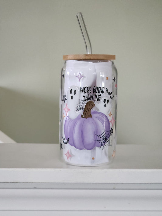 16oz We're going Haunting glass can cup| Coffee cup| Halloween cup| Back to school| glass can cup| Ice coffee cup| gift for Spooky basket