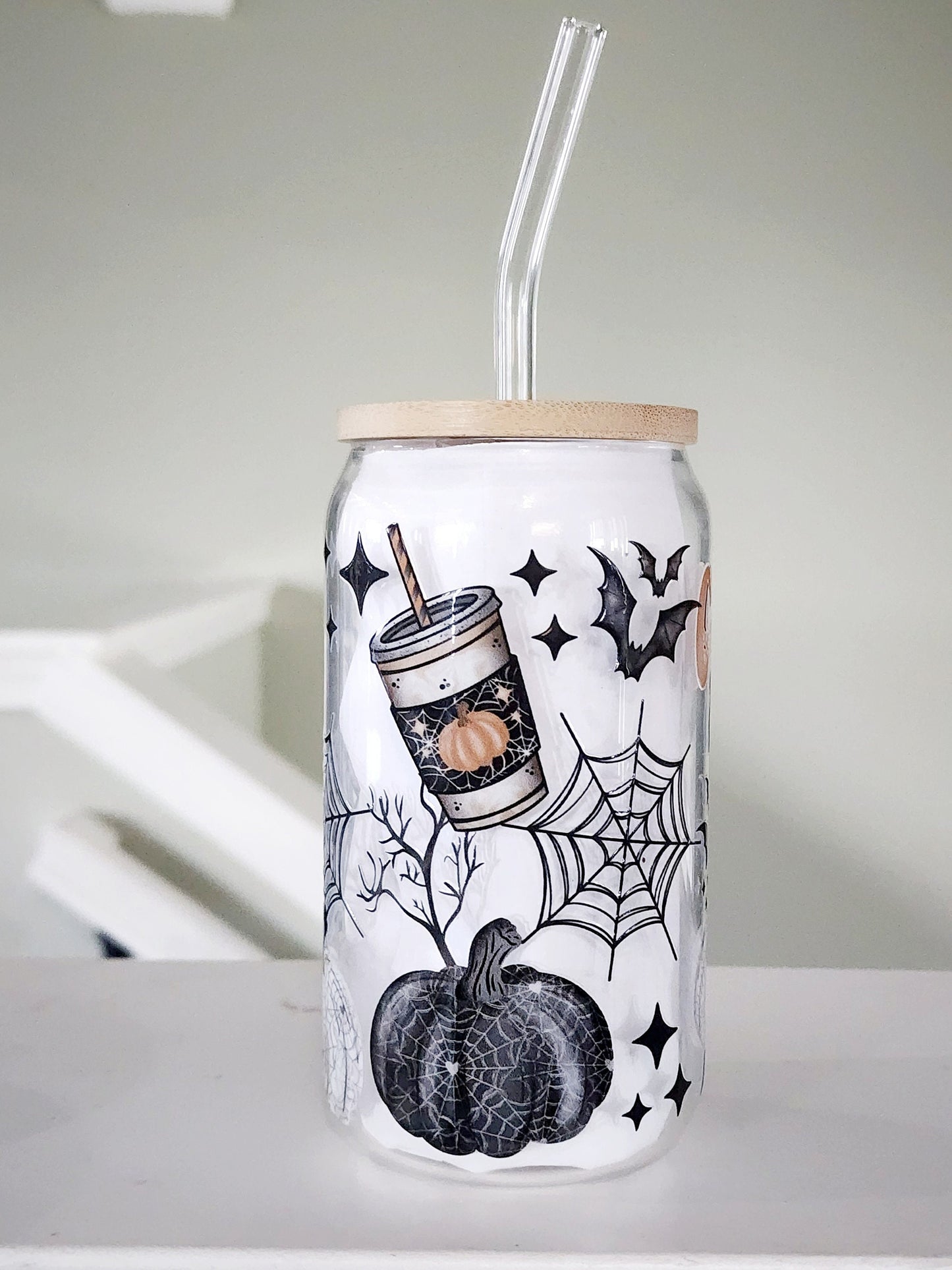 16oz caffeine and halloween glass can cup| Coffee cup| Teacher cup| Back to school| glass can cup| spooky basket gift| halloween cup| cup