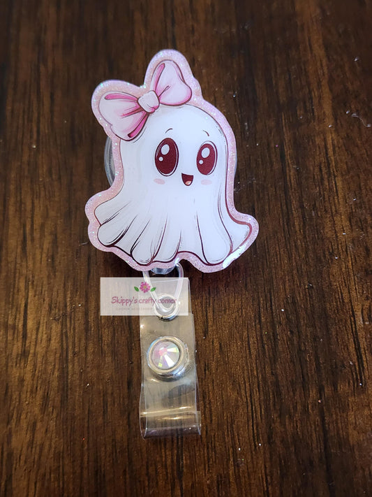 Pink bow ghost Badge Reel| Ghost Badge Reel| Halloween Badge Reel| Holiday Badge Reel| Badge Holder| Retractable Badge| Teacher id holder