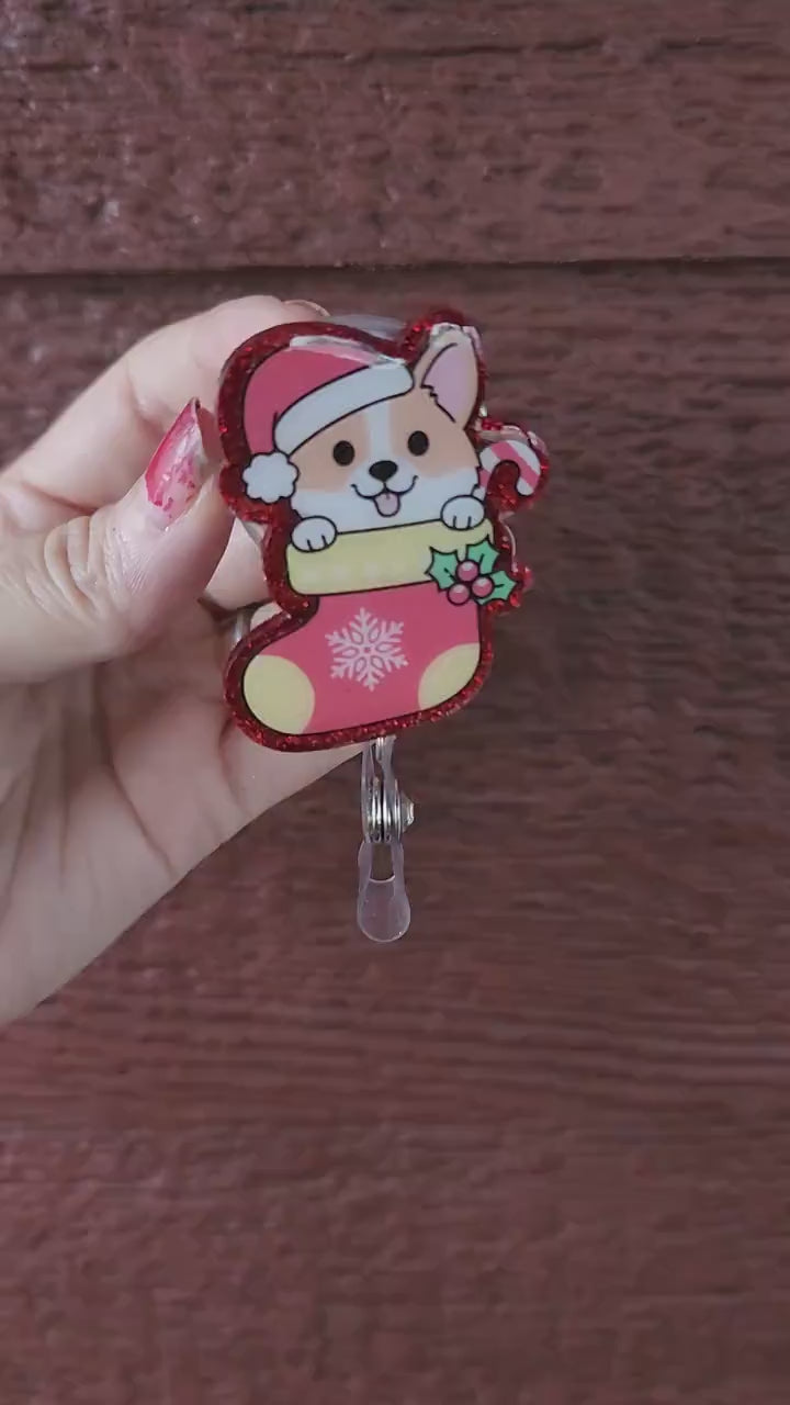 Christmas Corgi badge reel| Holiday badge reel| christmas badge reel| Corgi badge reel| Teacher id holder| Interchangeable badge| badge