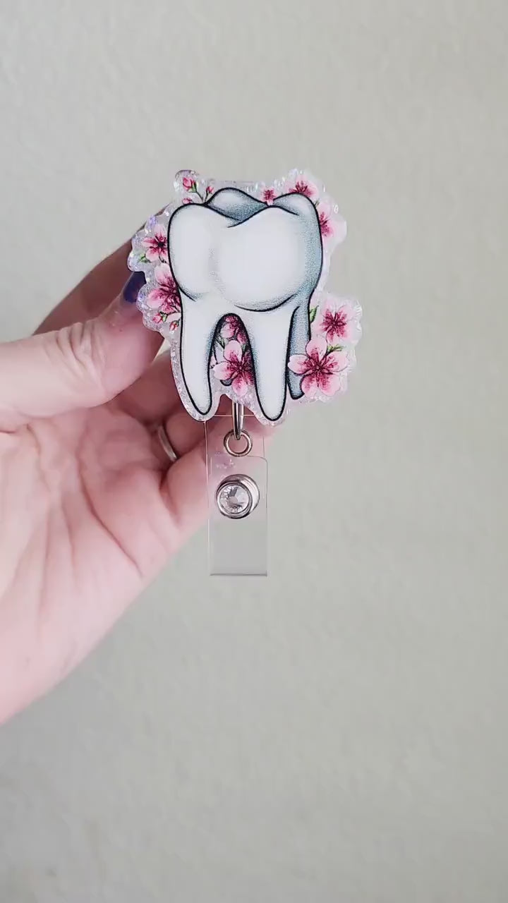 Floral Tooth badge reel| dental badge reel| dentist badge holder| tooth badge reel| id holder| retractable badge| interchangeable badge