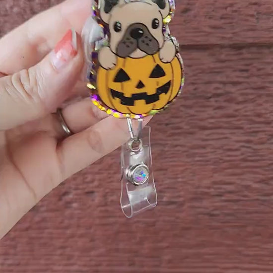 Halloween Tan French bulldog badge reel| Holiday badge reel| Halloween badge reel| badge reel| Teacher id holder| glitter badge