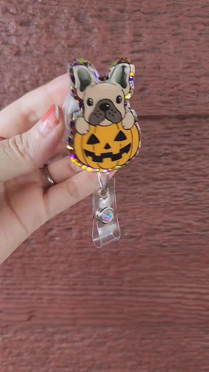 Halloween Tan French bulldog badge reel| Holiday badge reel| Halloween badge reel| badge reel| Teacher id holder| glitter badge