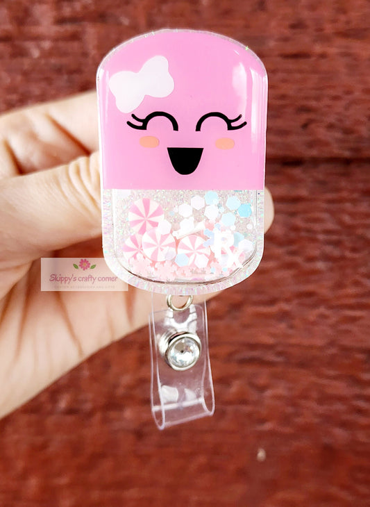 Pink Christmas pill shaker badge reel| shaker badge reel| badge holder| badge clip| id holder| Pharmacy tech badge reel| pharmacist gift